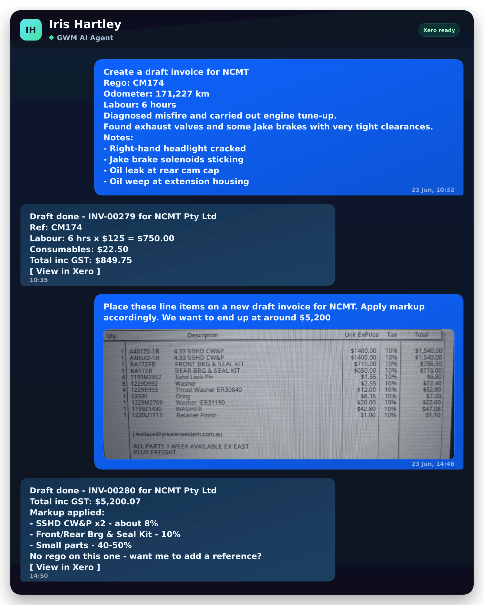 Chat conversation with an AI agent: the user sends job details and a photo of a parts list, and the agent creates draft invoices in Xero with labour, consumables, and marked-up parts